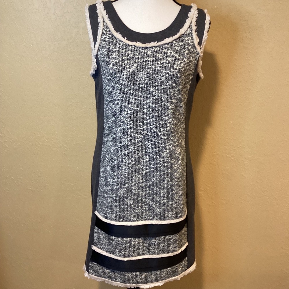 THML Tweed Sleeveless Dress Medium‎ Fringe Ribbon Detail Shift Preppy Boho